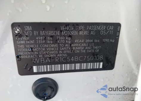 2011 BMW 528I z USA, uszkodzony, nr VIN WBAFR1C54BC750108